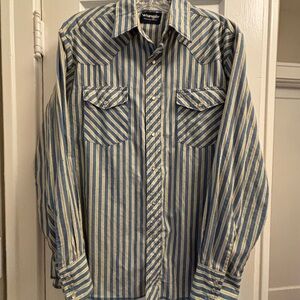 Vintage Wrangler Blue & Off-White Striped Western Pearl Snap Shirt
